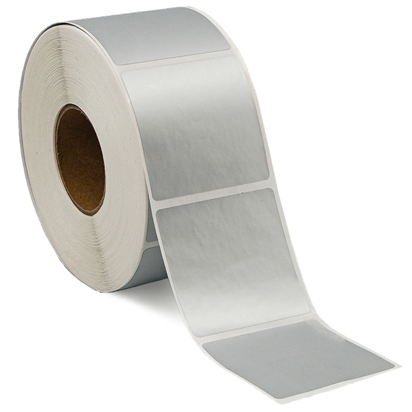 Silver polyester etiketter, på rulle, 50x50 mm